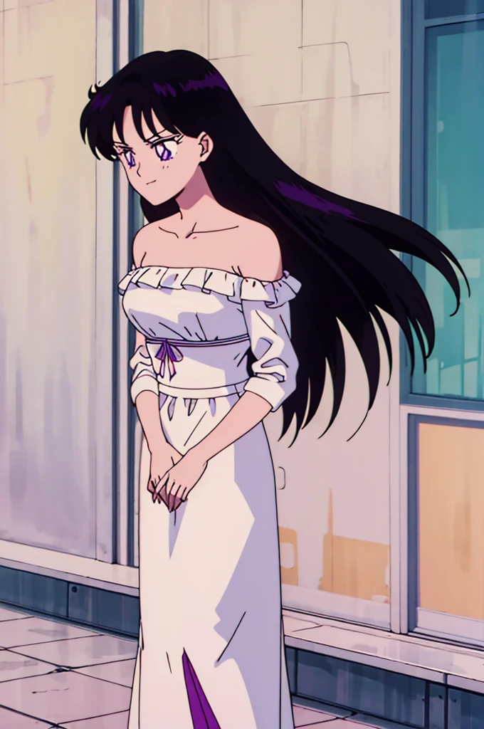 Rei_Hino, 1 girl, solo, Best quality, masterpiece, High Definition, Teenager, Purple Eyes, Beautiful Detail Eyes, Black Hair, Long Hair, Good hands, Smile, Bare Neck, Bare Arms, Bare Shoulders, White Ruffle Off-the-Shoulder Top, White Strapless Off-the-shoulder Dress, White Dress, Long maxi dress, standing near to a Golden Brickwall Background,