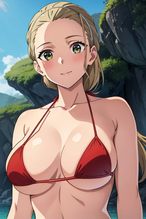 (masterpiece, best quality, high resolution, anime colored, 8k, photorealistic), Akebi Sasaki, hairband, 1girl, (), dark green eyes, smile, blush, (sagging large breast:1.5), (red micro bikini:1.5), arms behind back, ((from the front:2.0, upper body:1.5)), sunlight, (perfect detailed anatomy, perfect detailed body, beautiful detailed hair, beautiful detailed face, beautiful detailed eyes, beautiful detailed breast, beautiful detailed bikini)