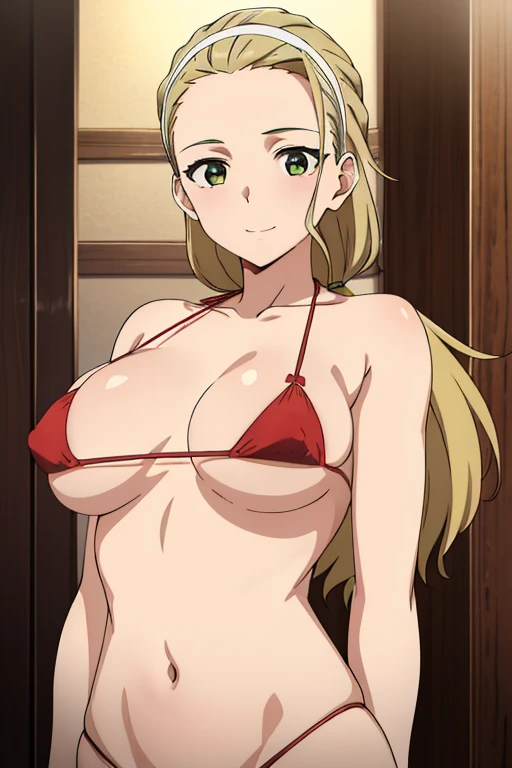 (masterpiece, best quality, high resolution, anime colored, 8k, photorealistic), Akebi Sasaki, hairband, 1girl, (), dark green eyes, smile, blush, (sagging large breast:1.5), (red micro bikini:1.5), arms behind back, ((from the front:2.0, upper body:1.5)), sunlight, (perfect detailed anatomy, perfect detailed body, beautiful detailed hair, beautiful detailed face, beautiful detailed eyes, beautiful detailed breast, beautiful detailed bikini)