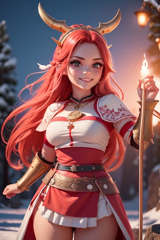 Beautiful female head viking, pelo rojo, disfraz de guerrera vikinga, en globo de nieve, sonrisa suave, Lindo retrato de cuerpo entero, figura esbelta de pie, Personaje de dibujos animados, personaje de pixar, medieval, Renderizado 3D, symatic lighting, Trazado de rayos. Rojo crujiente, luz radiante, bosque misteriosa, (la mejor calidad, 8k, high resolusion, tmasterpiece:1.2), caprichoso.