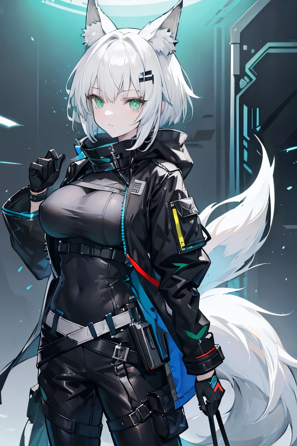Arknights art style, arknights world,wolf girl,wolf ears,fluffy tail,short hair,white hair,green eyes,mature body,smooth skin,wearing a black and blue jacket,tactical pants,tactical gloves,big breast,serouis look