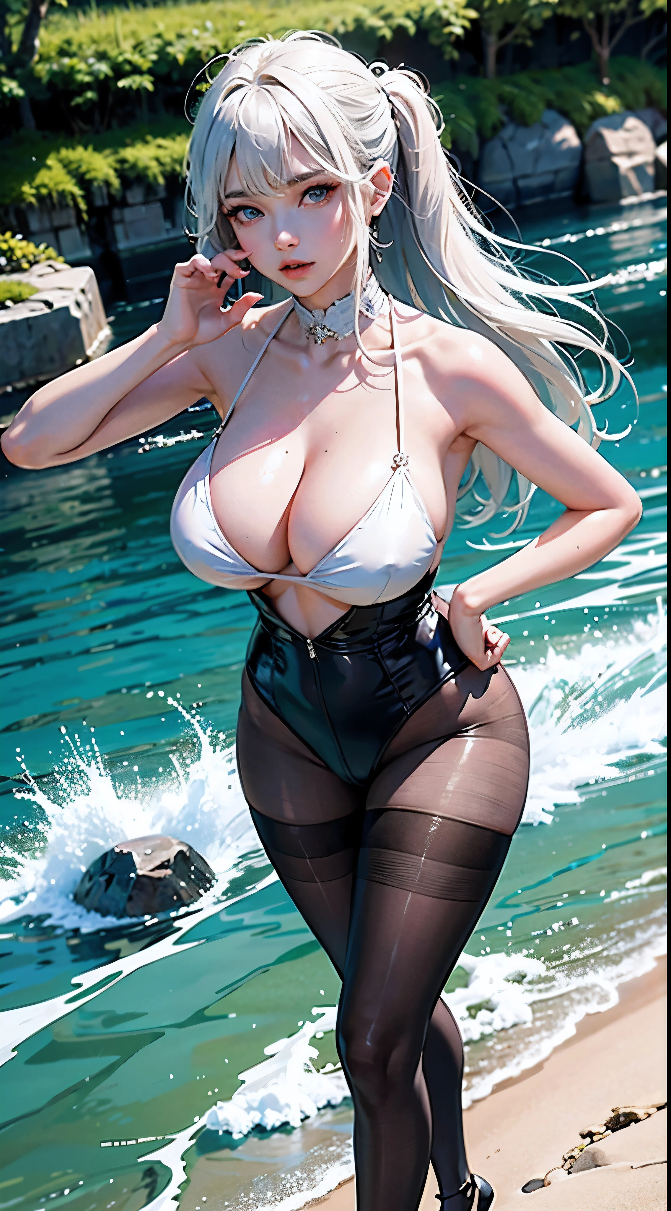 high high quality,tmasterpiece,ultra - detailed,A high resolution,,navel,比基尼,hand on her own chest,,The halo,Full body lesbian,Big blue eyes,Raised sexy,8K,,Bess,centado sul playa,lace panty hose,with her mouth open,,可爱的Bigchest鼻子,可爱的Bigchest,The legs are relatively long,Bigchest,The eyes are relatively large,Long gray hair,The eyeballs are relatively large,sparkle in eyes,Naked foot,The nose is relatively large,white color hair,no shoe,Pretty big breasts,比基尼,at a forest,legs long,可爱的Bigchest脸,jade foot,running pose