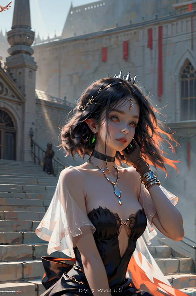 (front focus), Hyperrealist portrait of female ,fantasy art, photo realistic, dynamic lighting, artstation, poster, volumetric lighting, very detailed faces, 4 k, award winning,, (official clothing:1.4) ,frontal view, sunset, outdoors, sky, day, thick over shoulder long hair, black hair,hair ring,hair ornament, gloves,puffy short sleeves, skirt,  puffy sleeves,short sleeves, armor, bracelet, black skirt, hair over shoulder, shoulder armor, gem,bare back,, green eyes, upper body, earrings, parted lips, teeth, choker, artist name, necklace, bracelet, lips, floating hair, watermark, ring, wind, gem, web address, red lips, head chain, dress, bare shoulders,dress, backless outfit, backless dress, tiara, elf, strapless dress, stairs, red lips, jewelry,earrings, see through, , best quality,ultra high res,, floating flowers, floating hairs, (shining), best lighting, best shadow, blurry background, Crepuscular rays, foggy, ((rim light)),, pastel color, warm light,The overall effect is one of timeless elegance and grace,Super detailed, heterochromia,masterpiece, best quality, {best quality}, {{masterpiece}}, {highreocus, anime style,  girl design anime image,outside, collarbone, full body view