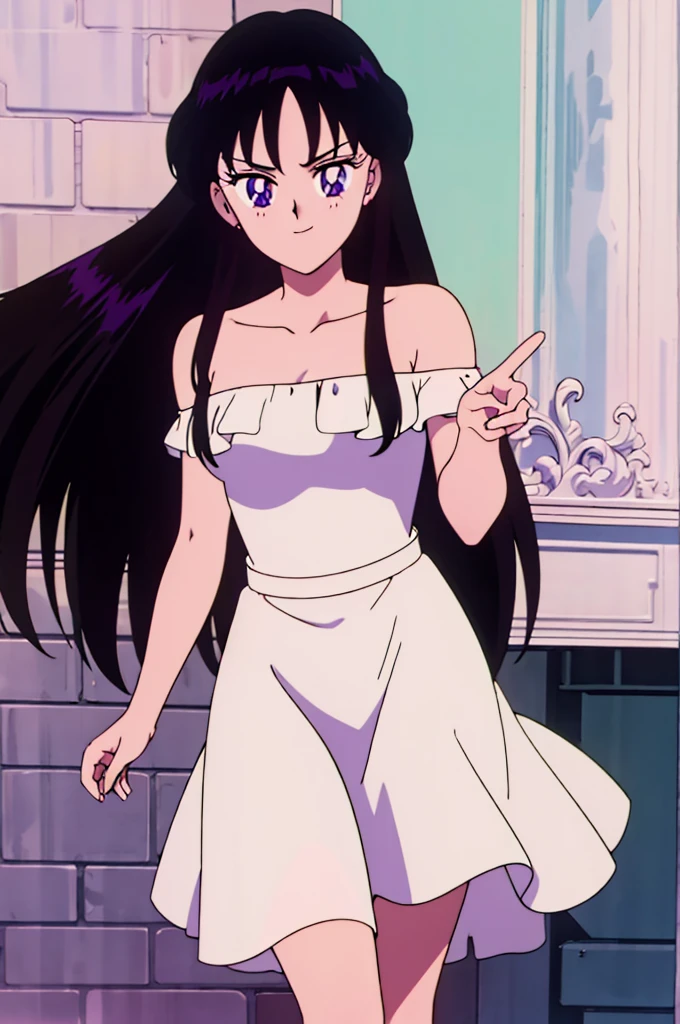 1 girl, solo, Rei Hino, Long Black Hair, Purple eyes, bare shoulders, off shoulders, strip sleeveless white dress smile, ballroom, columns, cowboy shot, facing viewer, absurdres, ultra detailed, masterpiece, best quality, r, window of a beautiful sundown, arms at sides.