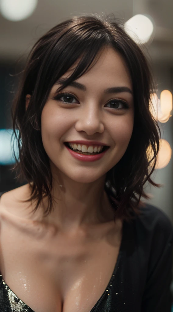 ((Masterpiece, Best Quality)), hight resolution, 8K, cinematiclight, High contrast, Depth of field, Intense glow, Detailed background, 1girl, Cute, 詳細な目, Sparkle in the eyes, detailed iris, grin, stylized, open mouth, fang,