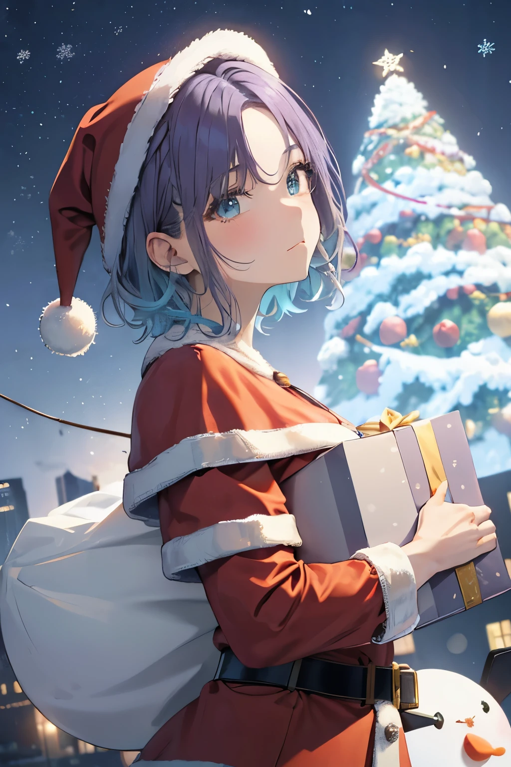 nightcity、santa costume、1 person, santa hat, Discreet, holding a christmas gift box, Birth of Christmas gift box, snowfall, Solo, ⓪Action:blush one's cheeks red、Leaning forward、White breath、Reflecting the whole body ① Quality:(1girl), (best quality:1.3), (masterpiece:1.3), (ultra detailed:0.8), 8k, extremely detailed CG, Perfect hands:1.2), (Perfect Anatomy:1.2), ②Lighting:brightening light, moody lighting, nature lighting, Best Illumination, ③Style:animation, (illustration), cute, charming, ④Face:detailed face, (beautiful face: 1.1), beautiful girl, ⑤Skin:detailed skin, ⑥Hair:shiny hair, floating hair, (short hair:1.4), (low hair volume:1.4), (Parted Bangs:1.4), (blue hairs、gradation hair、multi color hair、Parted bangs、Purple hair), (Hairstyle with middle parting:1.3), (Boyish hairstyle、Hairstyle like a boy、Putting out the forehead), ⑦Facial expression:(huckle:1.0), Looking at Viewer, happy, ⑧Eye:sparkling pupils, Intricate Iris Details, Captivating Eye Reflections, Sparkling Highlights in the Eyes, Depth and Dimension in the Pupils, Subtle Color Variations in the Iris, Meticulous Eyelash Details, detailed eyes, ⑩, ⑪Subject:(Toru Asakura: 1.3), (short hair: 1.3), ⑫Environment:((Fantastic world、 burn the city at night、snowflakes falling、大snowflakes falling、snowman、 tower))) ⑬Composition:(cowboy shot:1.4), (extreme close-up view:1.3), (from below:1.4), from side, very wide shot, dutch angle, ⑭Costume:(Santa Claus style : 1.5), ,Red Santa Costume, acrobatic pose