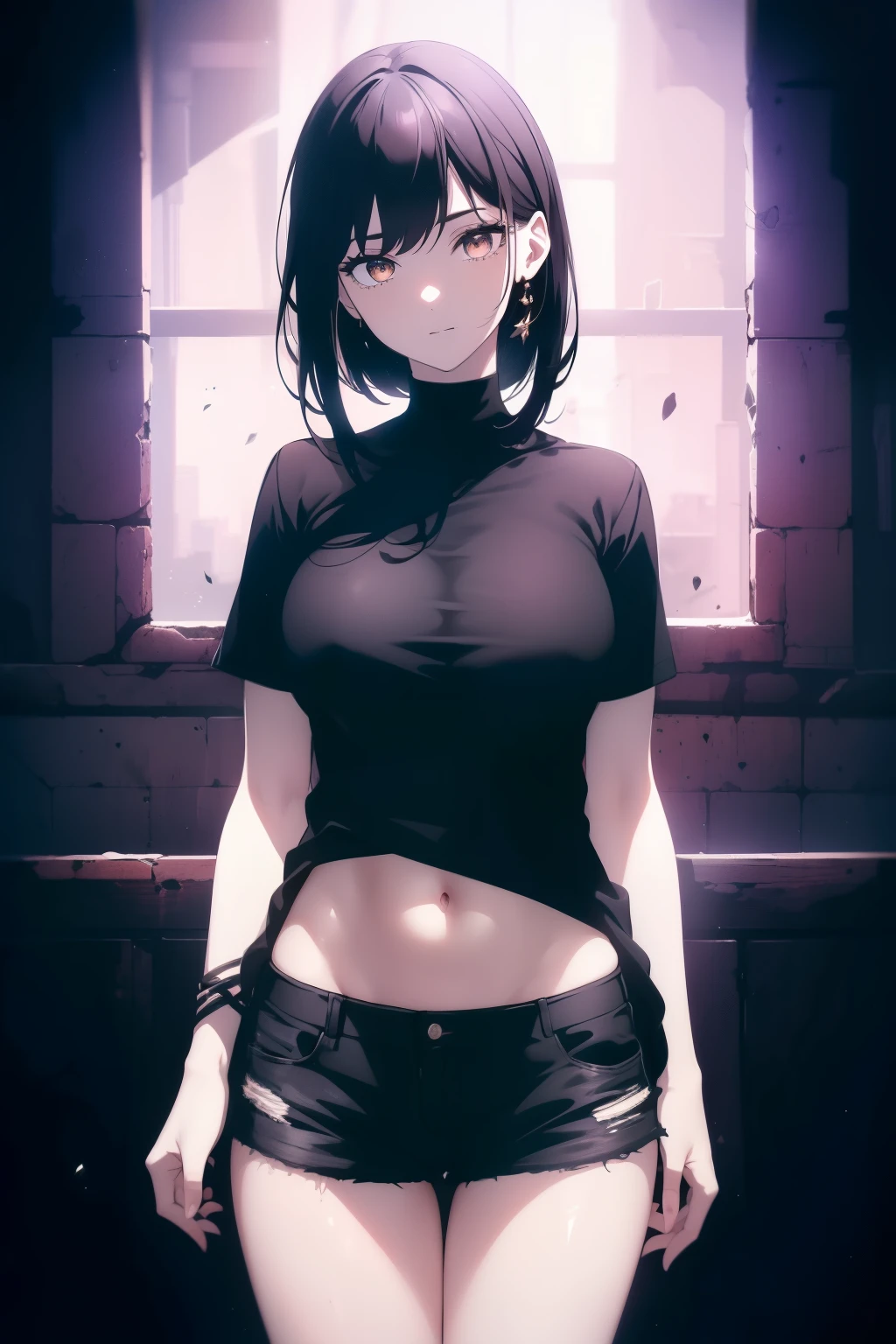 (((((Obra maestra, La mejor calidad, ultrahigh resolution))))), a clear view of a happy looking girl standing in a club waiting for someone)), (black t-shirt, jean shorts, black hair, long dark black hair), pale skin, ((brown eyes)), (glowing_eyes), ((ultra detailed eyes:0.7, beautiful and detailed face, detailed eyes:0.9)), ((centered)), ((over joyed expression)), ((wide shot)), facing viewer, ((indoor party, purple and black lights, black dancing silhouettes:0.9)), medium breasts, looking at viewer, ((perfect hands)), (((head:1, arms, mid section, hands, elbows, thighs, in view))), lively eyes, beautiful lighting, background, ((defined subject)), 25 years old, (head tilt), (((cool))), ((lively)), (((chic pose))), ((perfect anatomy))