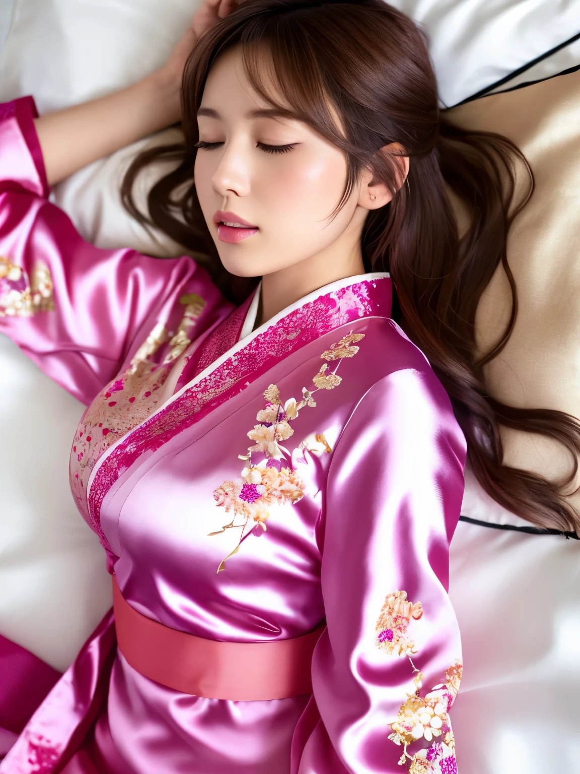 masutepiece, 1woman per 1photo, Full body shot, front-facing view, Composition looking down at the subject from above, a Japanese young pretty woman, hyper pretty face, 18 years old, Closing eyes, Wearing a shiny silky satin light pink kimono with lots of floral embroidery, Sweaty body, Glossy lips, Glamorous figure, Sleeping on your back on a silk bed, Open your mouth wide, spreading the legs a little, head on a silk pillow, Silk bed sheets, Double eyelids in both eyes, Natural makeup, long eyelashes, shiny smooth light brown hair, asymmetrical bangs, Tanned skin, central image, 8K resolution, high detailing, detailed hairstyle, Detailed face, spectacular movie lighting, Octane Rendering, Vibrant, Hyper realistic, Perfect limbs, Perfect Anatomy
