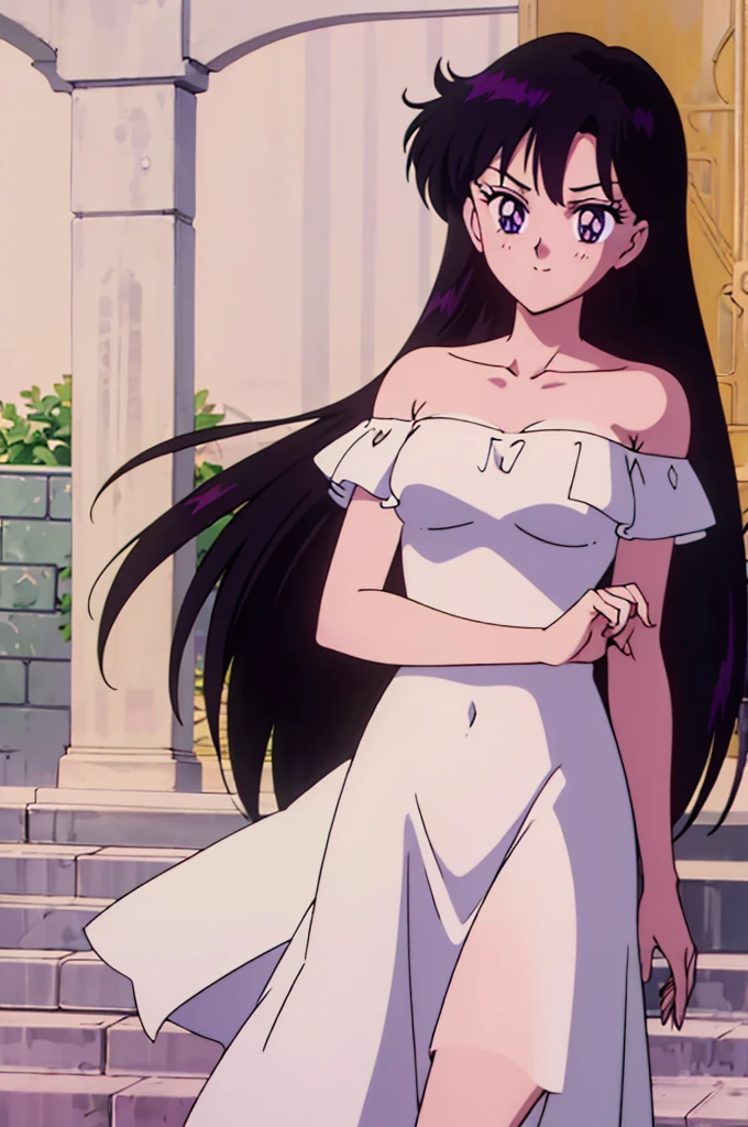 Rei_Hino, 1 girl, solo, Best quality, masterpiece, High Definition, Teenager, Purple Eyes, Beautiful Detail Eyes, Black Hair, Long Hair, Good hands, Smile, Blushing, Bare Neck, Bare Arms, Bare Shoulders, White Ruffle Off-the-Shoulder Top, White Strapless Off-the-shoulder Dress, White Dress, Long maxi dress, standing near to a Golden Brickwall Background,