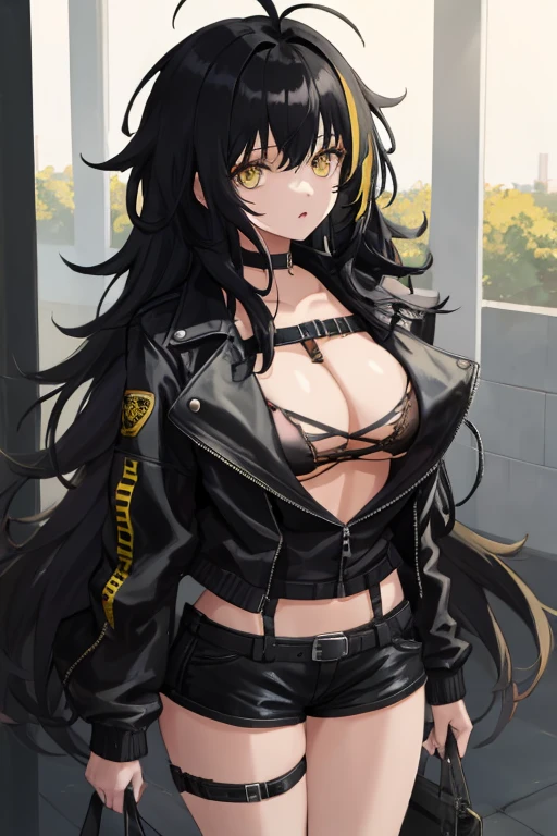 1girl, (black dark blue hair), split-color hair, yellow eyes, long hair, ((messy hair)), bare hip, open black jacket, large breasts, belts around the bra,