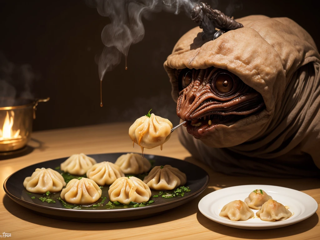 Aliens sitting at the table, the aliens look hungry, (Aliens), aliens are drooling, aliens eat dumplings