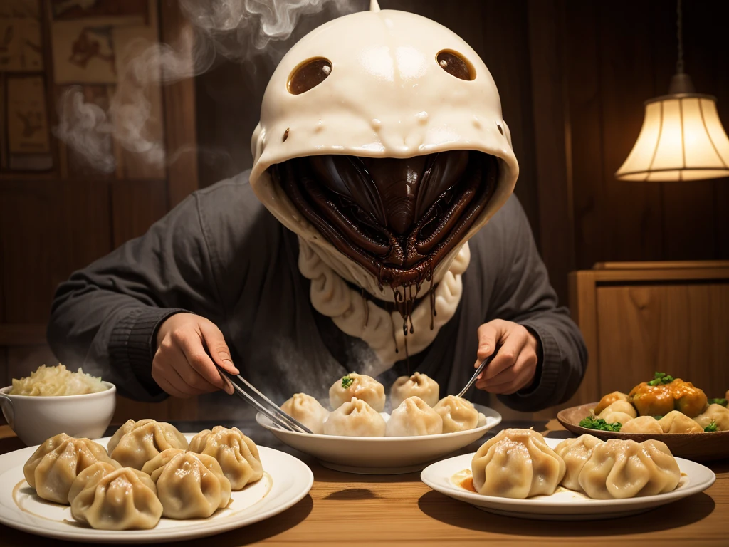 A Elder God Cthulhu enjoying sushi at a Japanese restaurant, accompanied by a warm bottle of sake, in a beautifully lit setting with global illumination.