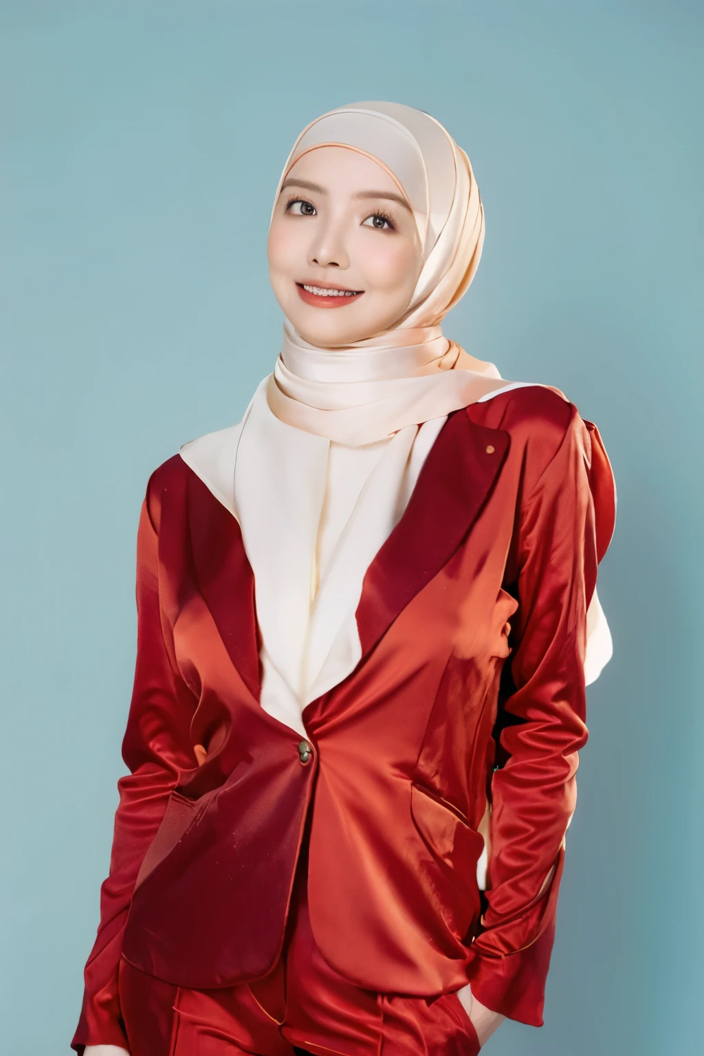 Malay girl in hijab wearing sexy red color satin polkadot pajamas portrait photography, mid shot photo, ultra detail, professional photograph with professional lighting, smile, light blue studio background, sexy seducing pose, curvy