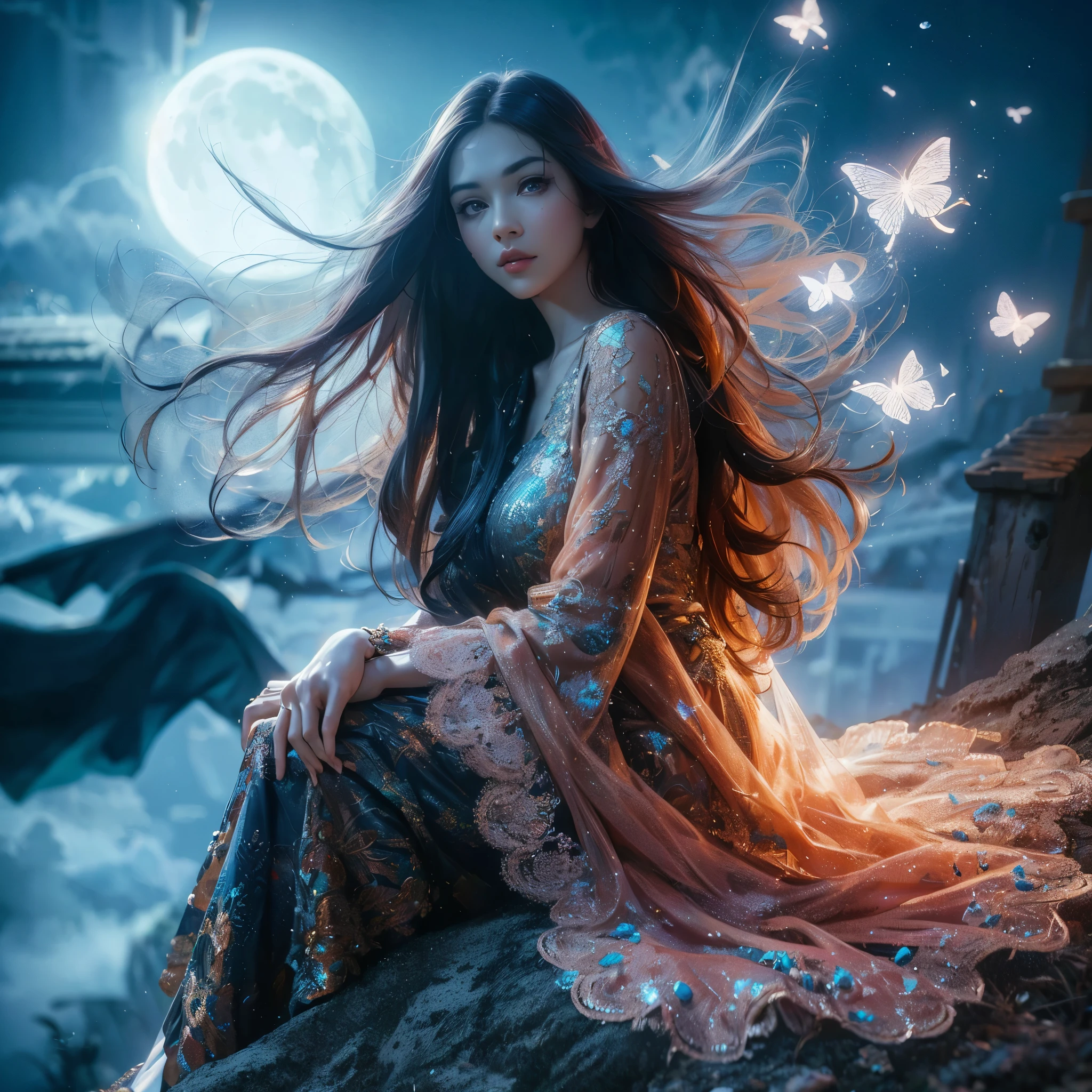 a woman with gigantic breast sitting on a rock with a full moon in the background, digital art fantasy, beautiful fantasy art, digital art fantasy art, very beautiful fantasy art, beautiful digital artwork, fantasy digital art, colorfull digital fantasy art, digital fantasy art ), beautiful digital art, fantasy art style, very beautiful digital art, trending digital fantasy art, beautiful gorgeous digital art, masterpiece, best quality:1.2),,(8k,highres,RAW photo,realistic,photo-realistic:1.3),(detailed skin texture,detailed cloth texture,beautiful detailed face:1.25),professional lighting,photon mapping,beautiful soft light,radiosity,physically-based rendering,raytracing, model shoot style, model shoot style, (extremely detailed CG unity 8k wallpaper), full shot body photo of the most beautiful artwork in the world,