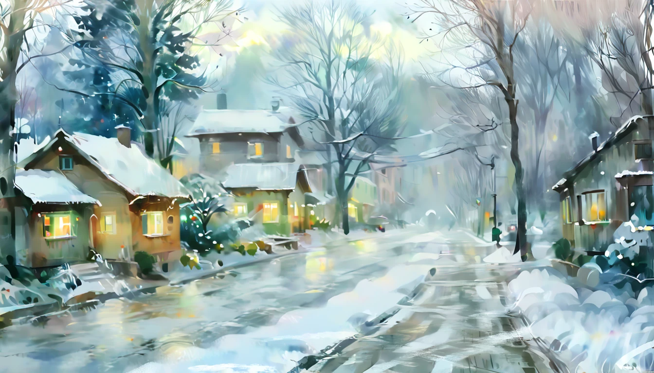 painting of a snowy street with trees and a house in the distance, cold lights soft painting, blurred and dreamy illustration, winter painting, by Sim Sa-jeong, light watercolour painting, soft light of winter, blurry and dreamy illustration, watercolor digital painting, by Cheng Jiasui, inspired by Paul Cornoyer, winter snow, inspired by jeonseok lee, winter atmosphere