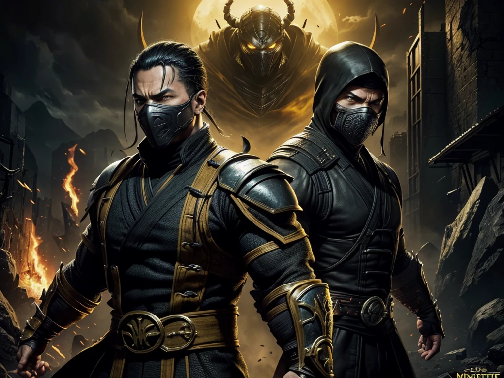 movie "Mortal Kombat", ninja Scorpio, dynamics, tmasterpiece, Dark tones, power, post-apocalyptic lanscape, poster, yellow and black clothes