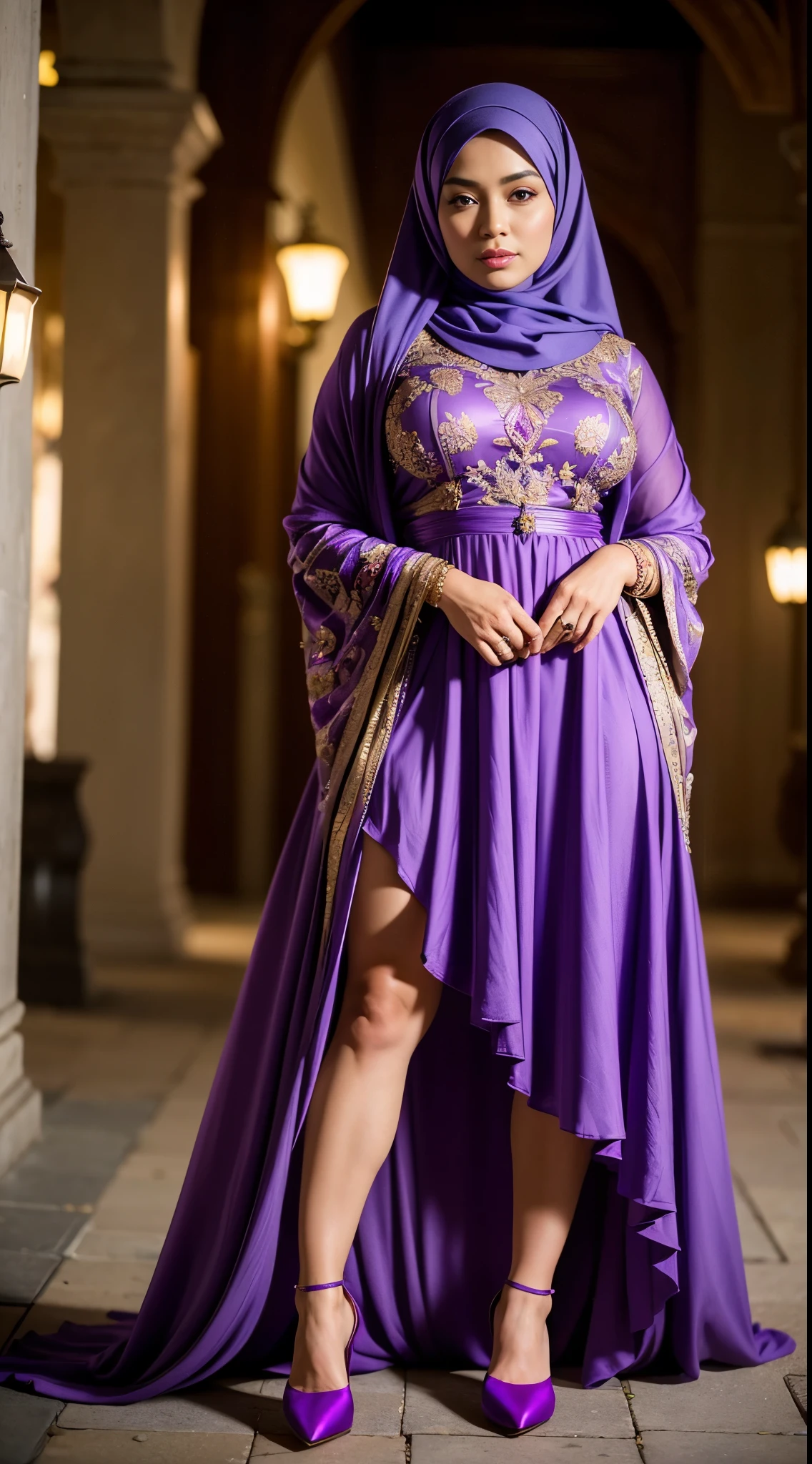 (Close up), RAW, Best quality, high resolution, masterpiece: 1.3), beautiful Malay woman in hijab, Masterpiece, perfect body, (Big breasts) , thick thighs, beautiful big eyes, mole under the eyes, long eyelashes, big eyes, beutifull face, Soft smile, woman in a purple dress and purple shoes standing on a stone path, modest flowing gown, wearing an elegant dress, garbed in a purple gown, draped in purple, inspired by Osman Hamdi Bey, wearing a flowing dress, dressed thobe, multilayered outfit, pastel', dressed in purple, vibrant hues , illustrious clothes , Soft turtleneck, evening walk, City park, Great lighting, Bright colors, Clean lines