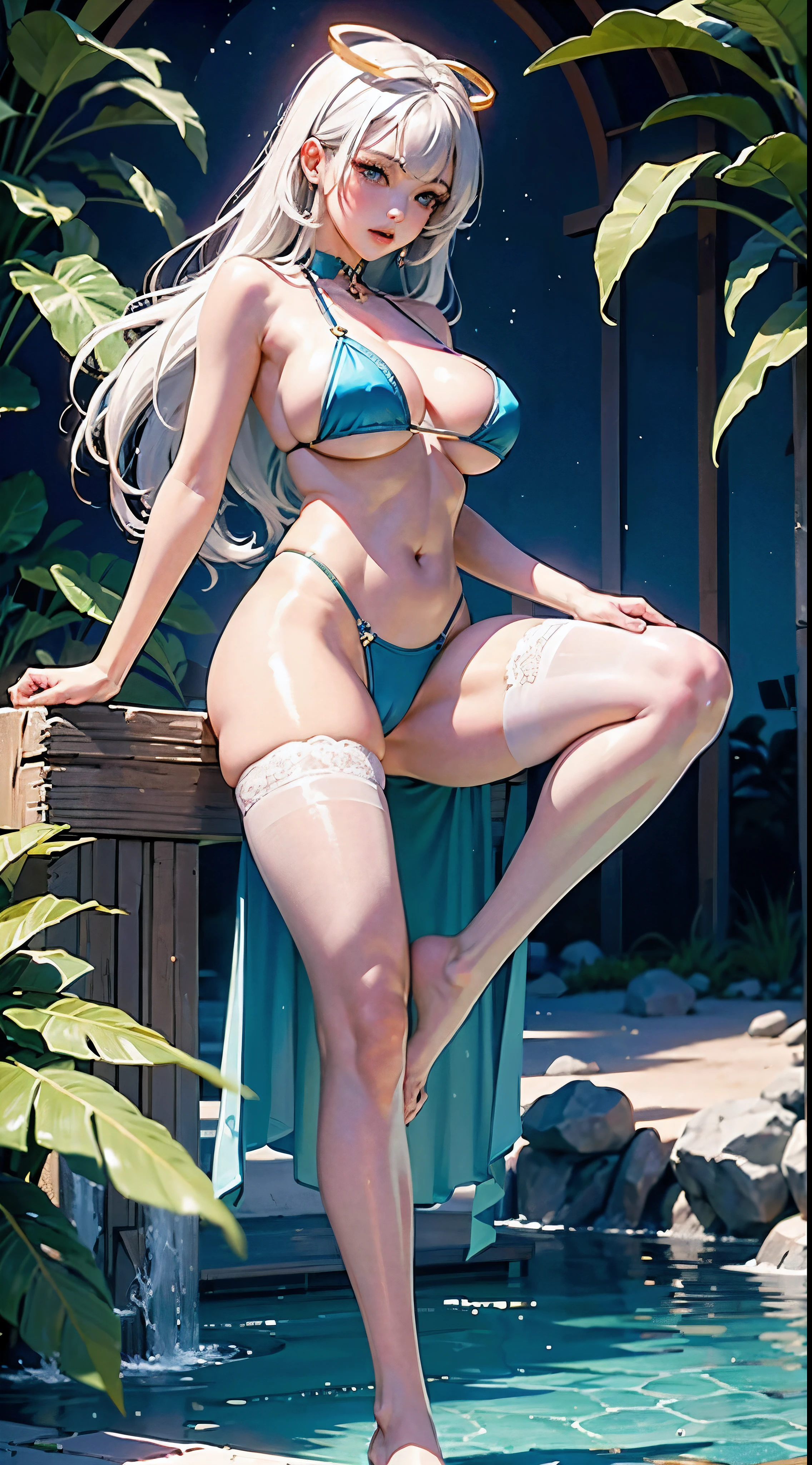 high high quality,tmasterpiece,ultra - detailed,A high resolution,,navel,比基尼,hand on her own chest,,The halo,Full body ,Big blue eyes,Raised sexy,8Kess,centado sul playa,lace panty hose her mouth open,,可爱的Bigchest鼻子,可爱的Bigchest,The legs are relatively long,Bigchest,The eyes are relatively large,Long gray hair,The eyeballs are relatively large,sparkle in eyes,Naked foot,The is relatively large,white color hair,no shoe,Pretty big breasts,比基尼,at as long,可爱的Bigchest脸,jade foot,Fixed in a running position by a little boy,A little boy holds tok at it,把时间停chest少女