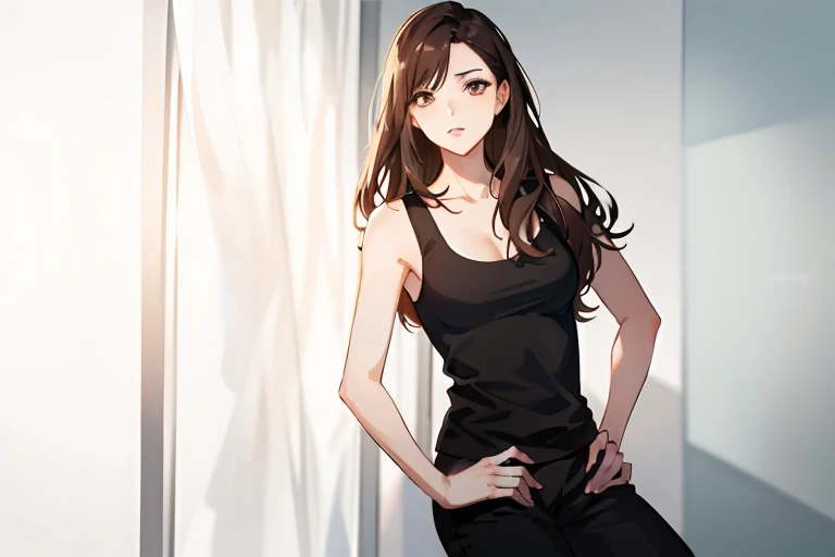 Dark blonde hair anime girl, brown eyes, black business pants, 4k resolution