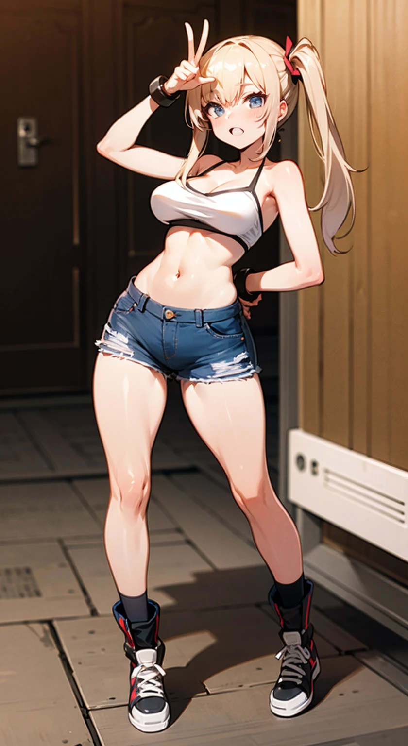 (highest quality, High resolution, perfect pixel, Depth of bounds written, 4K), upper body, (chair), (looking down), (detailed eyes), (1 lady), tall, (skinny body:1.2), (thin thighs:1.2), (Narrow hips:1.2), (black tube tops:1.2), bellybutton, sleeveless, (denim skirt:1.2), middle breasts, blond hair, (ponytail:1.2), (standing:1.2), (hands on hips:1.2), contrapposto, (seductive smile), 