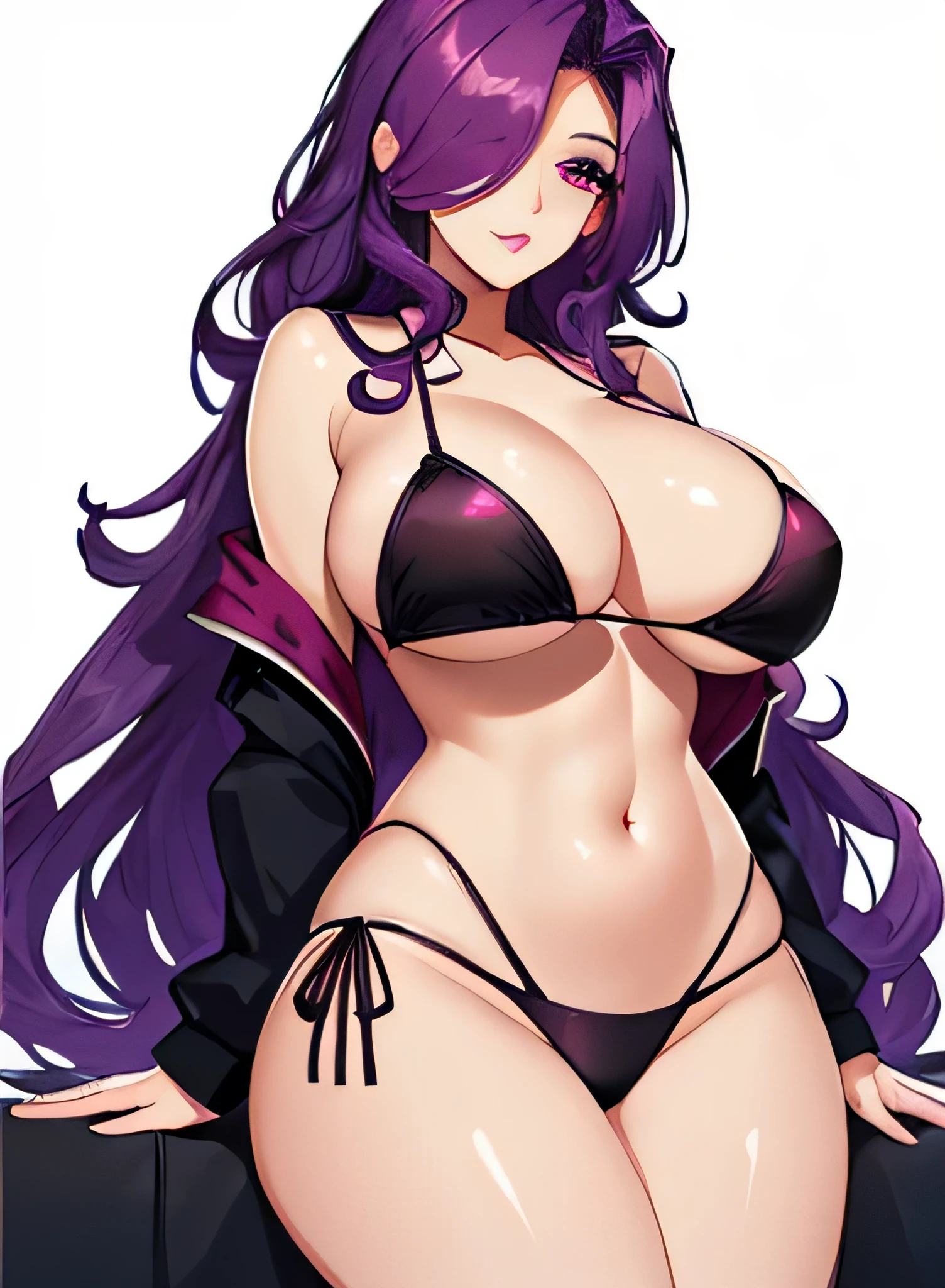 breathtaking beautiful mature woman, sultry, (hair over one eye), (big hair), . award-winning, professional, highly detailed, purple hair, pink eyes, bikini