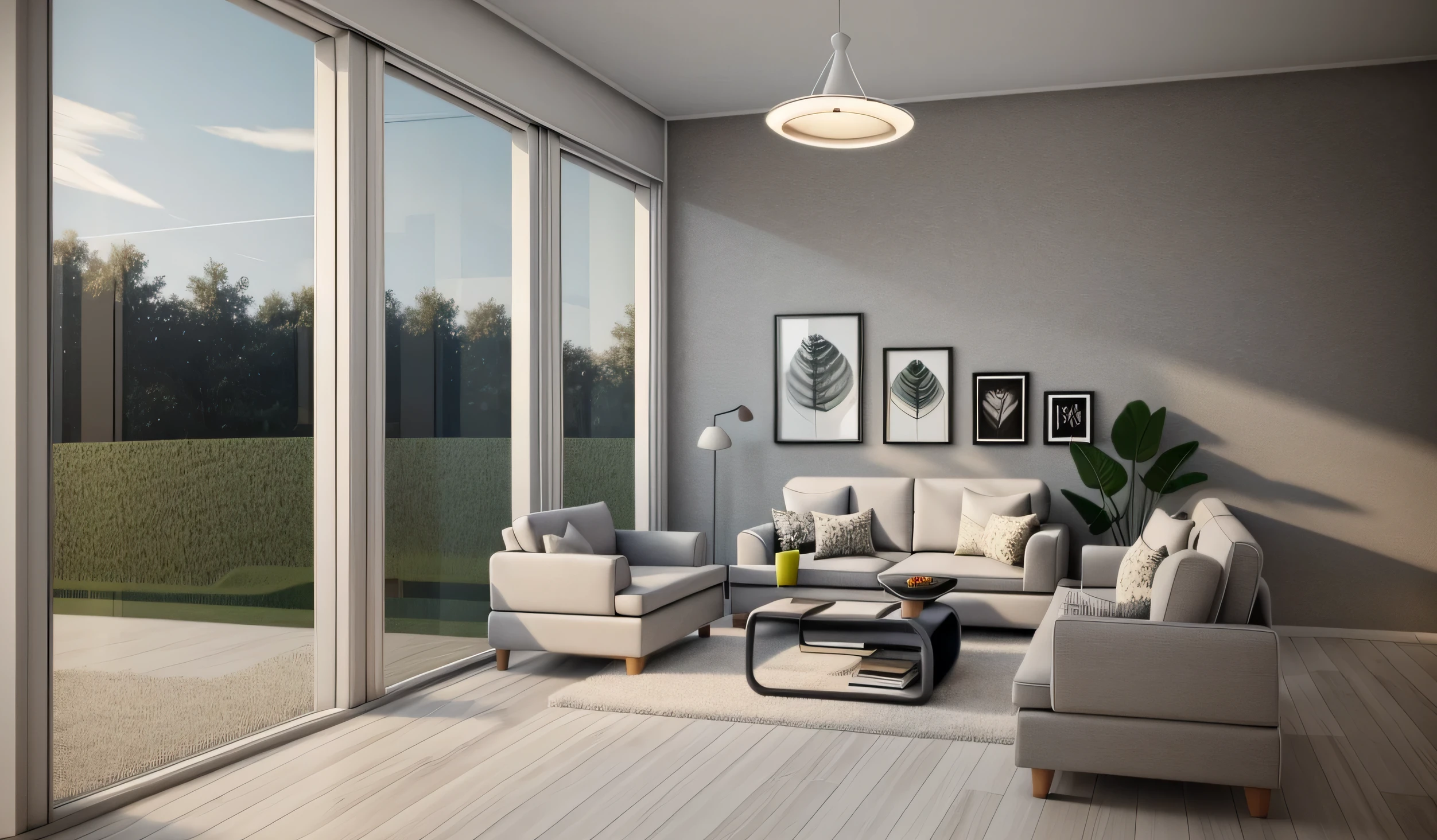 utral realistic, best quanlity, raw photo, interior, LIVING ROOM, WINDOW GARDEN VIEW MANY TREE, ((Scandinavian style)), CONCRETE FLOOR, CELLING PLASSTER, (SOFA WHITE COLOR), GRAY WALL, sunlight, POINT LIGHT, render 8k,