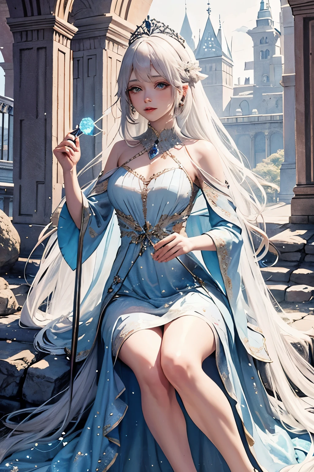 A beautiful princess with crystal white hair, a fairy magical staff, sitting in a majestic throne with her well dressed subordinates