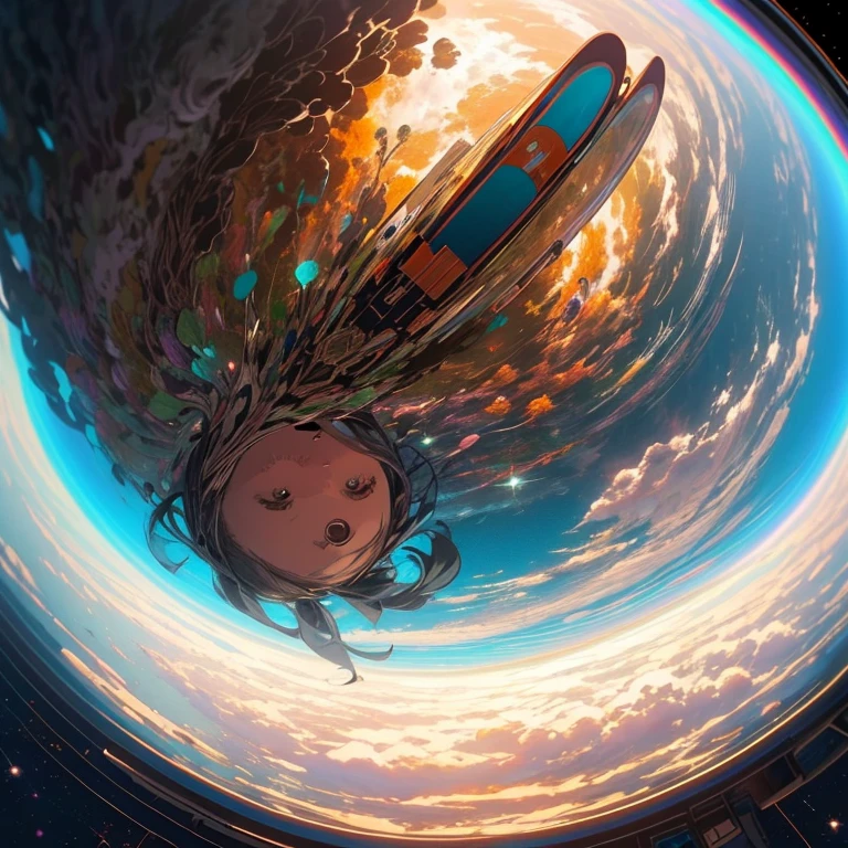A giant mirror sphere floating in space, luzes piscando, hamster triste perdido (sky like green fields surrounded by high mountains and clouds:1.artigos no ar, raios de deus, estrelas no fundo, Fractais intrincados, circunstanciado, (illustration), master part, high resolution, best quality.