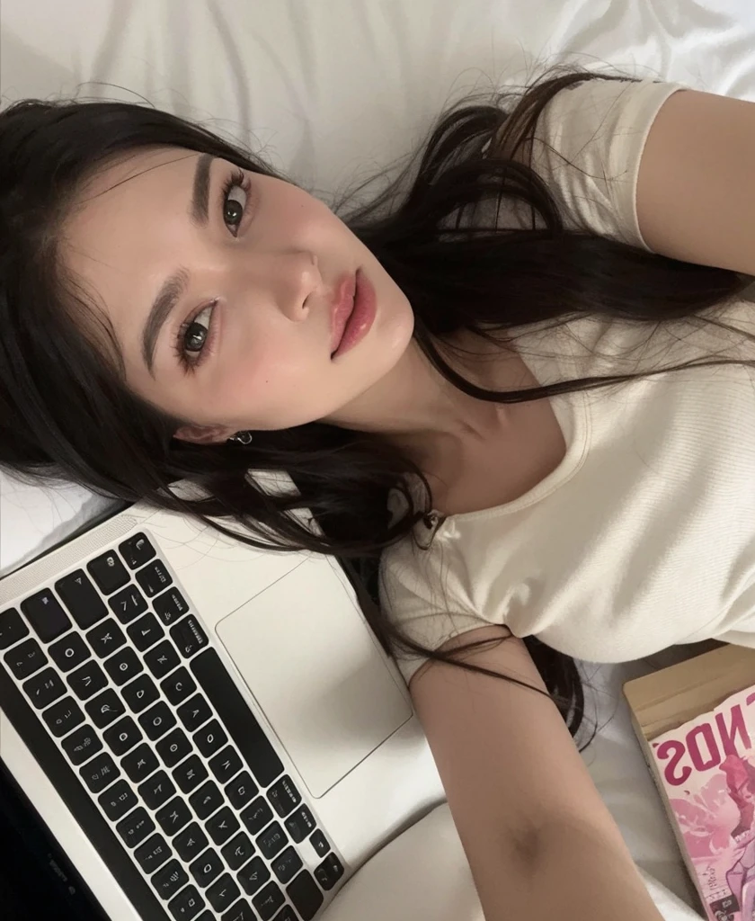 Arafed woman lying on a bed with a laptop and a book., soft devil queen Cerveza Madison, Violeta Myers, Sentado en una cama, sentada en su cama, Sentado en la cama, Angelawhite, en mi cama, Cerveza Madison, posando en la cama, Anna Nikolanova aka Newmilky, Hermosa Delphine, 18 years old, Modelo de Instagram