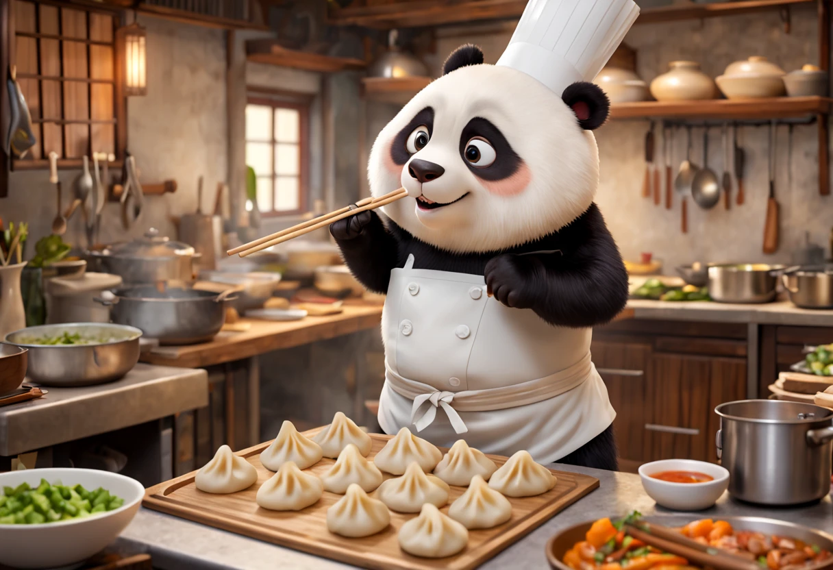 (best quality,4k,8k,highres,masterpiece:1.2),ultra-detailed,(realistic,photorealistic,photo-realistic:1.37), a panda bear in chef's clothes, cooking some spectacular and delicious Chinese dumplings,(cartoon pixar style), illustrative medium, vibrant colors, soft lighting, dark background, steam rising from the dumplings, bamboo steamer, thin and translucent dumpling wrappers, perfectly pleated dumplings, finely chopped filling, savory scents filling the air, a variety of ingredients on the chef's workstation, precise and skillful hands, the chef's focused expression, kitchen utensils, rolling pin, cutting board, knife, mixing bowl, chopsticks, a well-organized cooking space, traditional Chinese decorations, auspicious symbols, authentic Chinese flavors, traditional cooking techniques, a celebration of Chinese cuisine.