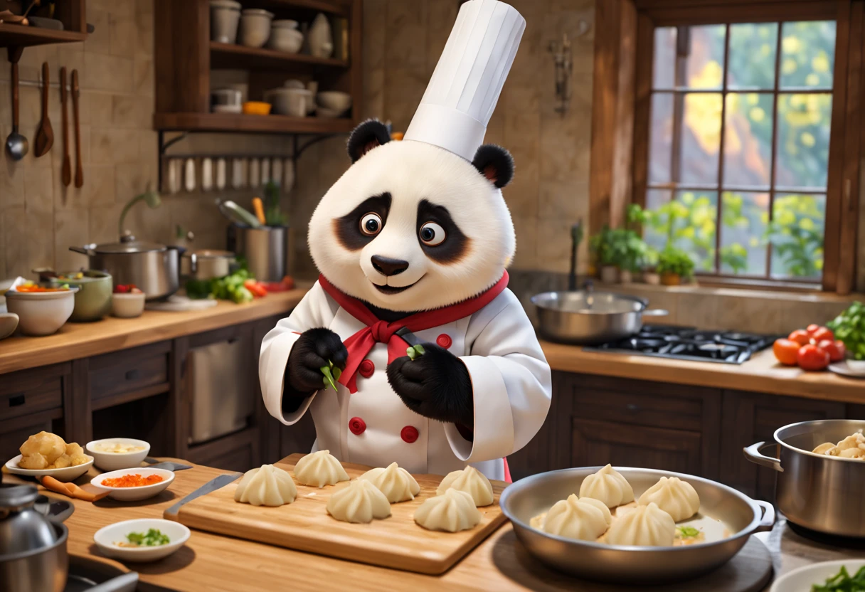 (best quality,4k,8k,highres,masterpiece:1.2),ultra-detailed,(realistic,photorealistic,photo-realistic:1.37), a panda bear in chef's clothes, cooking some spectacular and delicious Chinese dumplings,(cartoon pixar style), illustrative medium, vibrant colors, soft lighting, dark background, steam rising from the dumplings, bamboo steamer, thin and translucent dumpling wrappers, perfectly pleated dumplings, finely chopped filling, savory scents filling the air, a variety of ingredients on the chef's workstation, precise and skillful hands, the chef's focused expression, kitchen utensils, rolling pin, cutting board, knife, mixing bowl, chopsticks, a well-organized cooking space, traditional Chinese decorations, auspicious symbols, authentic Chinese flavors, traditional cooking techniques, a celebration of Chinese cuisine.