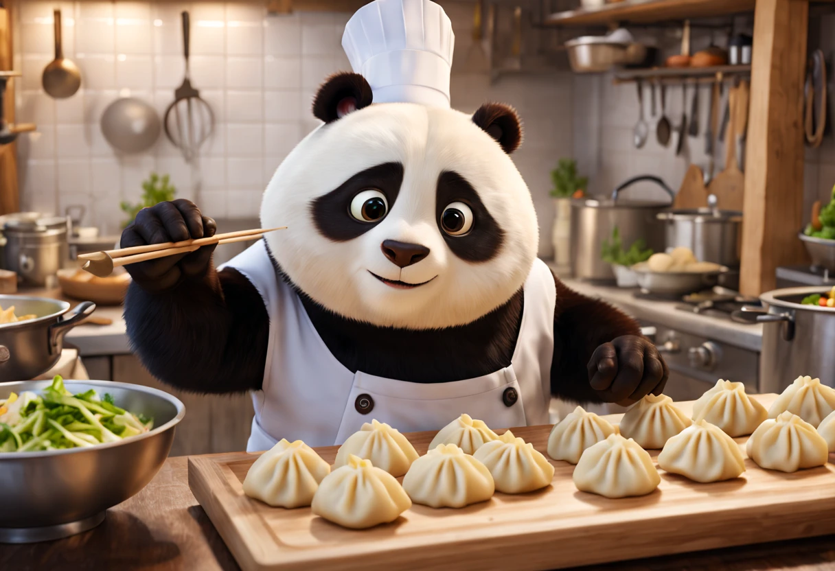 (best quality,4k,8k,highres,masterpiece:1.2),ultra-detailed,(realistic,photorealistic,photo-realistic:1.37), a panda bear in chef's clothes, cooking some spectacular and delicious Chinese dumplings,(cartoon pixar style), illustrative medium, vibrant colors, soft lighting, dark background, steam rising from the dumplings, bamboo steamer, thin and translucent dumpling wrappers, perfectly pleated dumplings, finely chopped filling, savory scents filling the air, a variety of ingredients on the chef's workstation, precise and skillful hands, the chef's focused expression, kitchen utensils, rolling pin, cutting board, knife, mixing bowl, chopsticks, a well-organized cooking space, traditional Chinese decorations, auspicious symbols, authentic Chinese flavors, traditional cooking techniques, a celebration of Chinese cuisine.