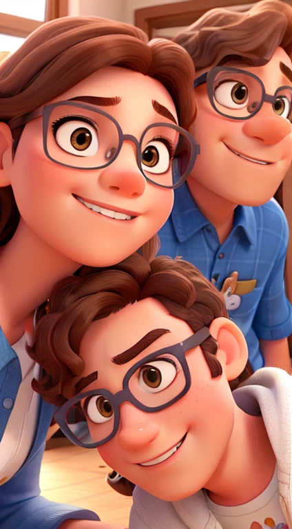 Pixarstyle , Esposa, husband with light brown hair and 6 year old child wearing glasses, young child, child with curly hair, looking-into-camera, vacation photo, divertindo-se, cool dad vibes, Familiar,