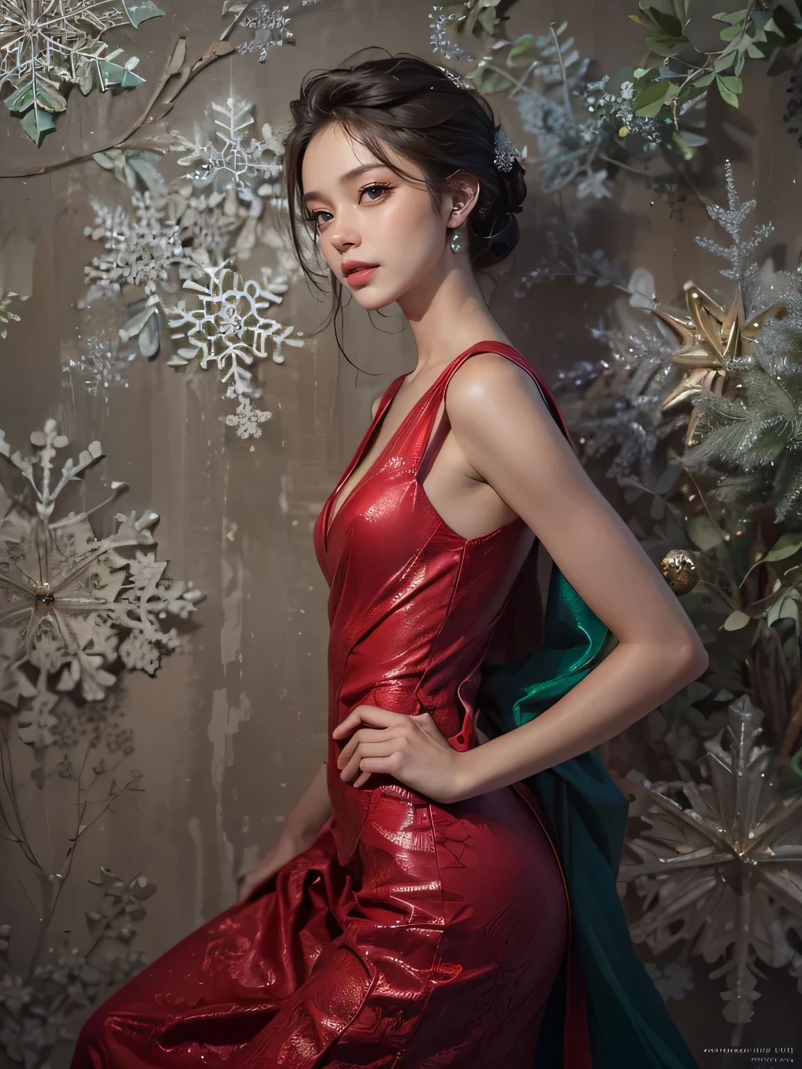 (Best Quality color photo of a mysterious beautiful woman in cocktail dress on a fashion magazine cover, haute couture fashion shoot:1.3),(extremely delicate and beautiful work:1.2), (Fashion magazine Christmas special, designed with a Christmas theme :1.3), (Christmas Lights, pale light, Soft front light :1.2) , Elegant Pose, glamorous fashion pose, Sacred Light, with neon lights, starryskybackground, Simple background, (she is the embodiment of beauty and charm, In a breathtaking and sophisticated red dress, elegant and sophisticated fashion:1.1) ,Detailed face, Looking at Viewer, Detailed eyes, Black eyes, Lustrous lips, subtle smile, Forehead ,cleavage, gentle and mysterious expression, High color saturation, surrealism ,(Best Quality, masutepiece, ultra-detailliert, 超A high resolution, Photorealistic, Raw photo, absurderes, absolutely resolution:1.4)