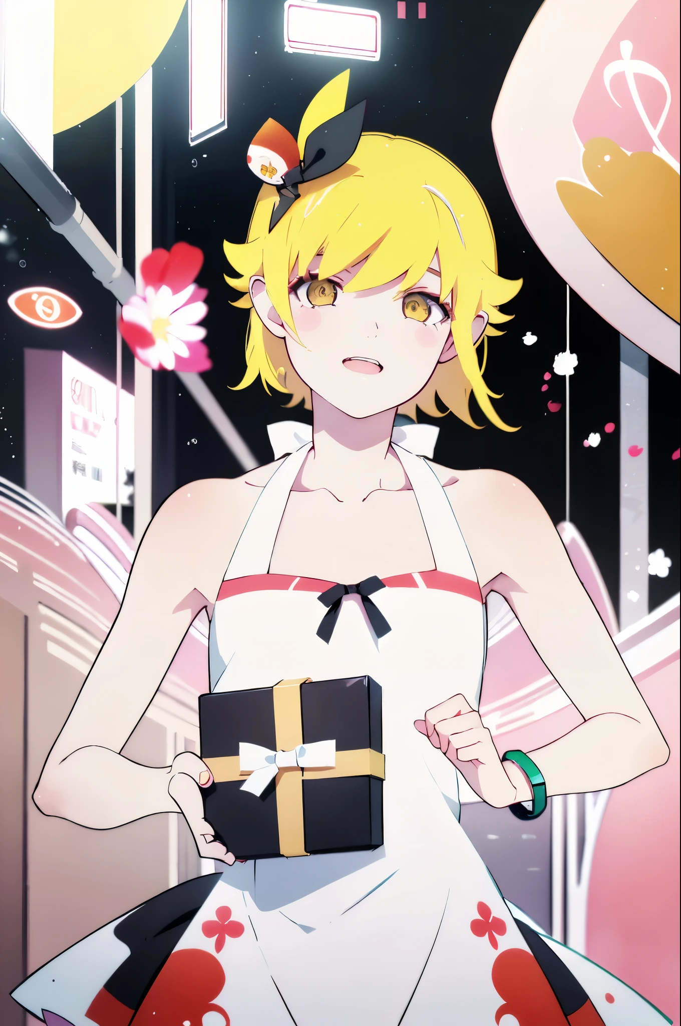 ((  oshino shinobu from monogatari series)) ,(1 girl ) short high , Skinny body type, blonde Long haircut , happy face expression , ( cute dress), (((holds out a gift)) , party hat , (Masterpiece), (high quality) , (8k)