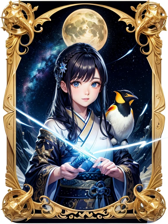 A starry space scene with galaxies in the background with 1 emperor penguin, 1 homem com cabelos escuros, 1 rainha loira, 1 kraken, 1 Japanese man carrying a katana, 1 dragon with 10 heads, 1 corvo dourado, 1 slime azul e 2 mulheres ruivas.