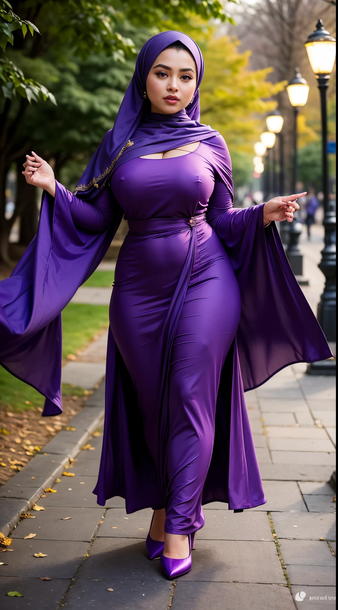 (Close up), RAW, Best quality, high resolution, masterpiece: 1.3), beautiful Malay woman in hijab, Masterpiece, perfect body, Big breasts, thick thighs, beautiful big eyes, mole under the eyes, long eyelashes, big eyes, beutifull face, Soft smile, woman in a purple dress and purple shoes standing on a stone path, modest flowing gown, wearing an elegant dress, garbed in a purple gown, draped in purple, inspired by Osman Hamdi Bey, wearing a flowing dress, dressed thobe, multilayered outfit, pastel', dressed in purple, vibrant hues , illustrious clothes , Soft turtleneck, evening walk, City park, Great lighting, Bright colors, Clean lines