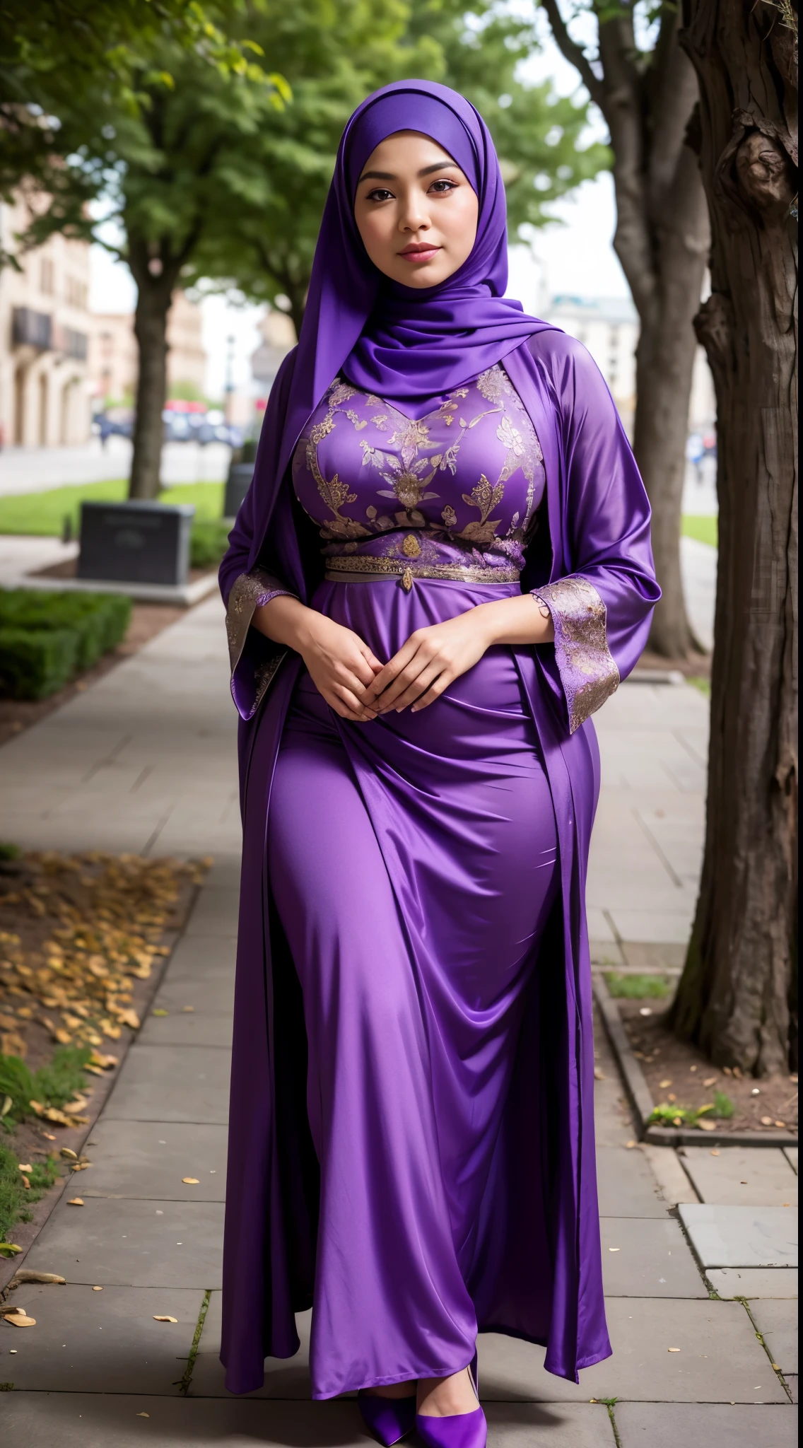 (Close up), RAW, Best quality, high resolution, masterpiece: 1.3), beautiful Malay woman in hijab, Masterpiece, perfect body, Big breasts, thick thighs, beautiful big eyes, mole under the eyes, long eyelashes, big eyes, beutifull face, Soft smile, woman in a purple dress and purple shoes standing on a stone path, modest flowing gown, wearing an elegant dress, garbed in a purple gown, draped in purple, inspired by Osman Hamdi Bey, wearing a flowing dress, dressed thobe, multilayered outfit, pastel', dressed in purple, vibrant hues , illustrious clothes , Soft turtleneck, evening walk, City park, Great lighting, Bright colors, Clean lines