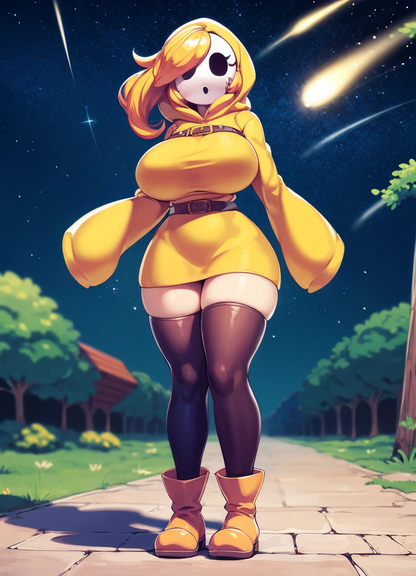 ((best quality)), ((highly detailed)), masterpiece, absurdres, (detailed eyes, deep eyes), (1girl), dynamic pose, full body, shygal, (mask), ((hollow eyes)), yellow hair, huge breasts, (yellow hoodie), dress, belt, (sleeves past wrists), white thighhighs, boots, blue footwear, (in a park, trees, path, light post, park bench, city in the background, evening, night sky, stars, full moon, shooting star)