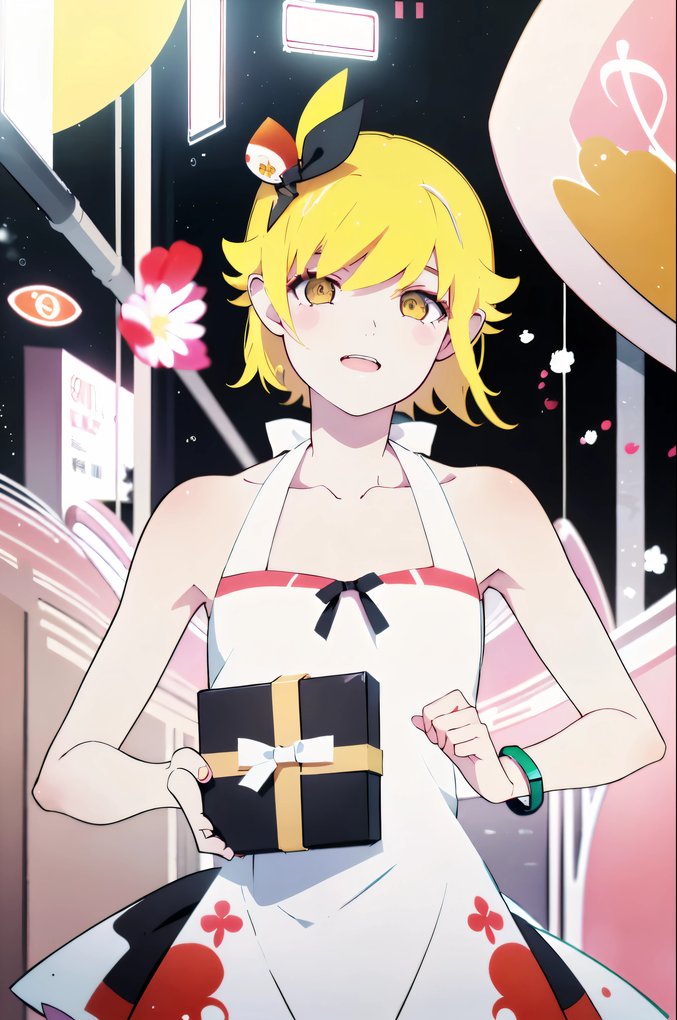 ((  oshino shinobu from monogatari series)) ,(1 girl ) short high , Skinny body type, blonde Long haircut , happy face expression , ( cute dress), (((holds out a gift)) , party hat , (Masterpiece), (high quality) , (8k)