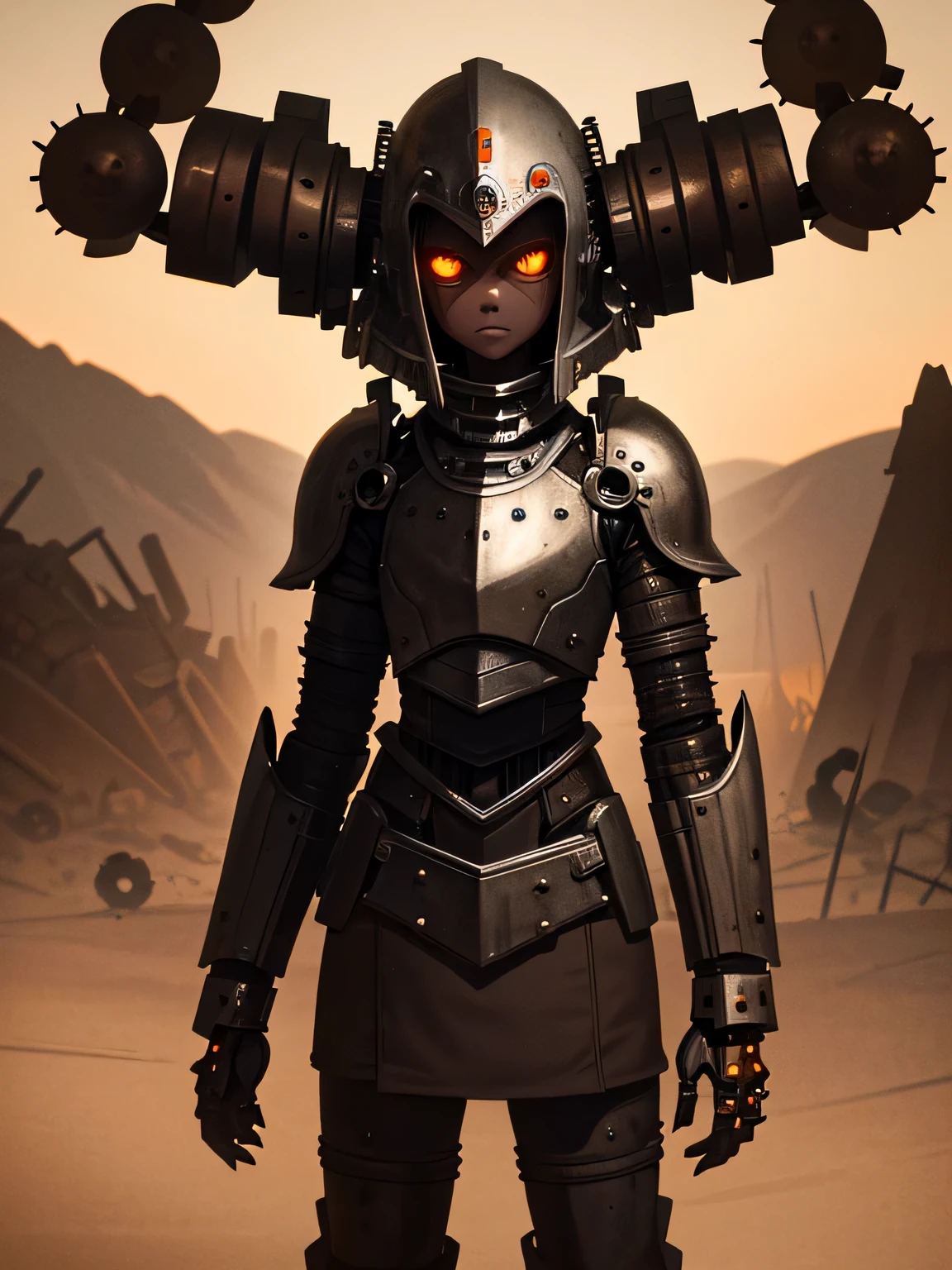 ((dark horror art)), dark mechanized girl, Knee-length portrait, Standing, (squint), A gloomy character, (dark brown skin), gray eyes, brown hair, white pointed helmet, pale bib, ((mechanical rings on hands)), Medieval gloomy dark orange desert landscape, (Highly detailed dark hopeless desert landscape)