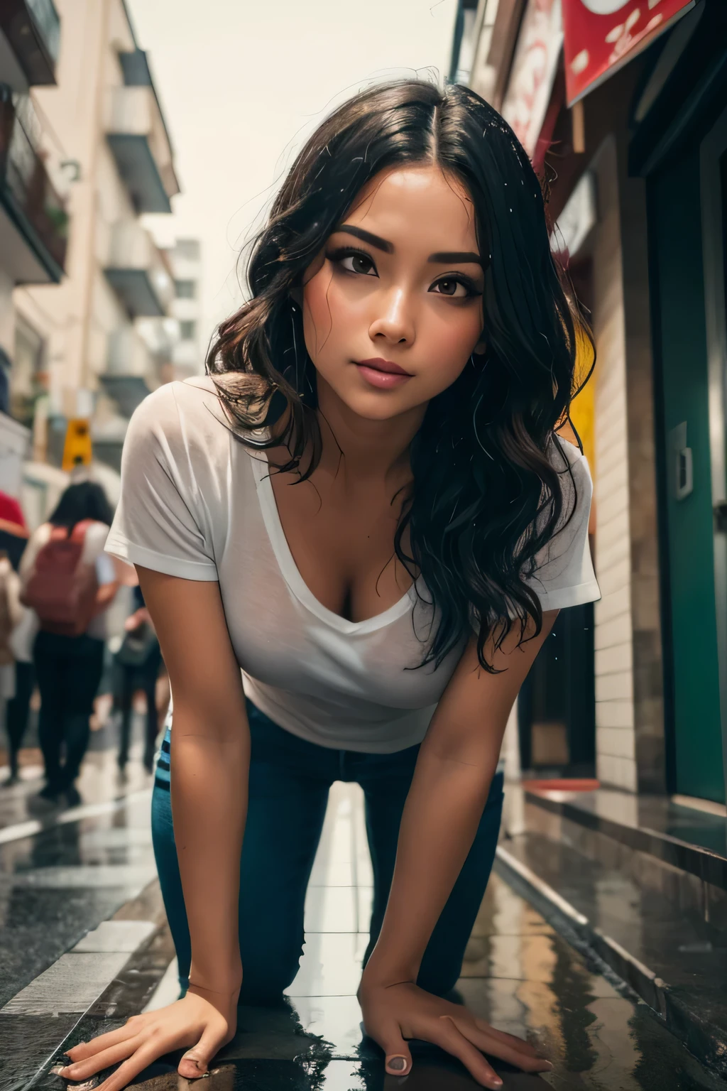 Cinematographic debut, Ultra realista, RAW Camera, Beautiful woman, cabelo ruivo detalhado , wet lips very detailed , sexy position , olhos verdes , sardas no rosto detalhado , Torn pants , mini blusa molhada , tudo detalhado , muito detalhado, fundo ruas de Tokyo , wet floor , luzes noturnas , suburb of Tokyo, 8k