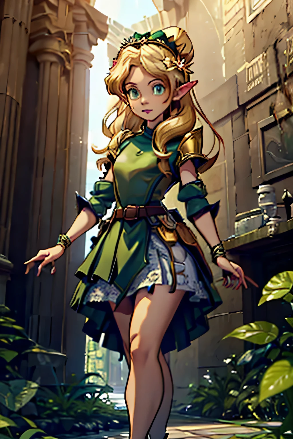 creates an elf with brown hair a small ponytail full of curls with a flower crown nearby and very striking forest green eyes she is wearing a white tonic that reaches her feet covered with some parts of armor she has a skirt of armor with choir and golden belt she is facing us and is in a delicate pose and has boots that go up to her knees and are also part of the armor