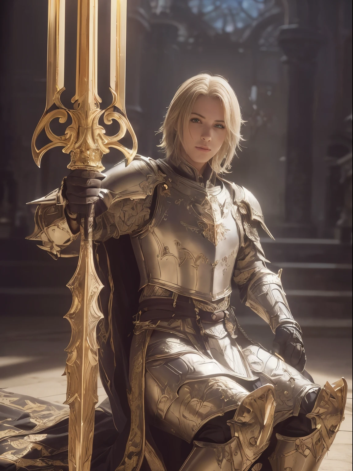 1 man，（viking varior  , strong looking( (Redshift style:1.1), (Style, Realistic, photographed, professional, High contrast,  sit astride，Crotch view，expressive look, hdr, Highest quality, Sharp focus, looking at viewert, Facing the viewer, 8K, Blue eyes, Wearinale paladin_glam armor, armor decorated with jewels, paladin armor: 1.15), Final Fantasy XIV setting, ultra sharp resolution, Cinematic lighting, Sharp focus, (illustration: 1.1), Intricate, wearing a robe and armor, sit astride，Golden, Silver, and broze, pondering over one with swords, Golden Hoop Stick, church in classical style, columns detail Corinthias poorly lit, hall bright lights, flashing lights,