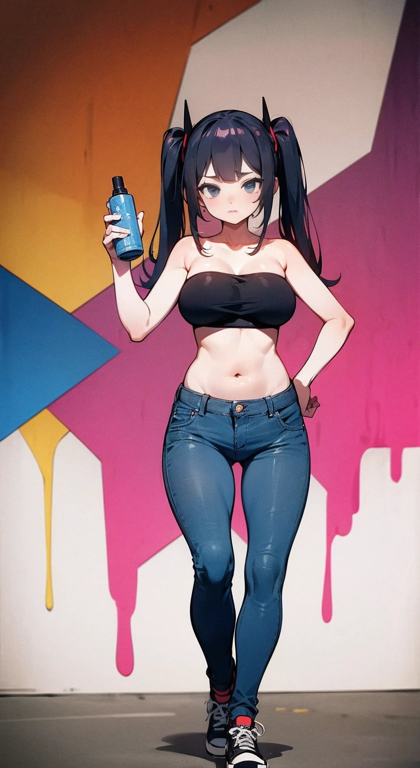 1 girl with long black hair, green eyes, only black bra and mini skirt,nude toes, paint on skin, smiling, street art on background, get skirt up, show pussy, no panties,hold skirt