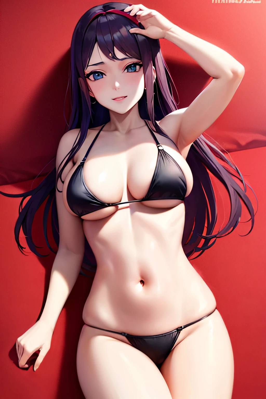 anime girl, Hinata from Naruto in bikini near poolside with a wine glass, Hinata in black bikini, side boobs, smiling