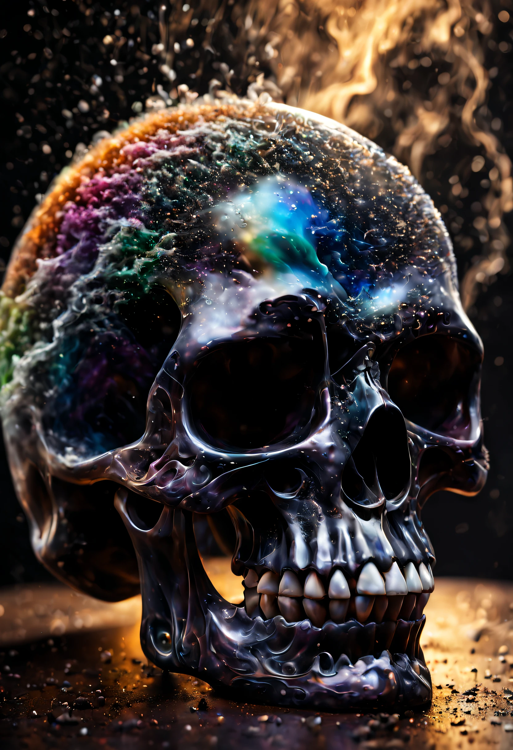 A beautiful realistic magestic darkness glass skull with a coat made of a magnificent storm, It's textured and beautiful with lot of multicolored flying multicolored dust