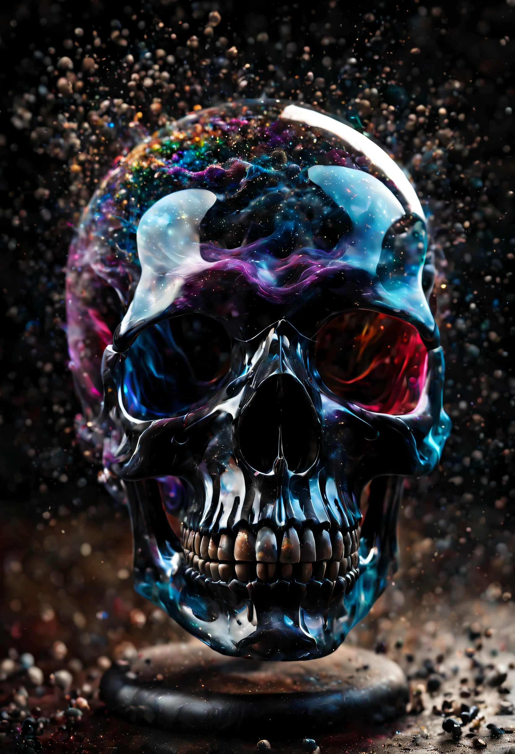A beautiful realistic magestic darkness glass skull with a coat made of a magnificent storm, It's textured and beautiful with lot of multicolored flying multicolored dust