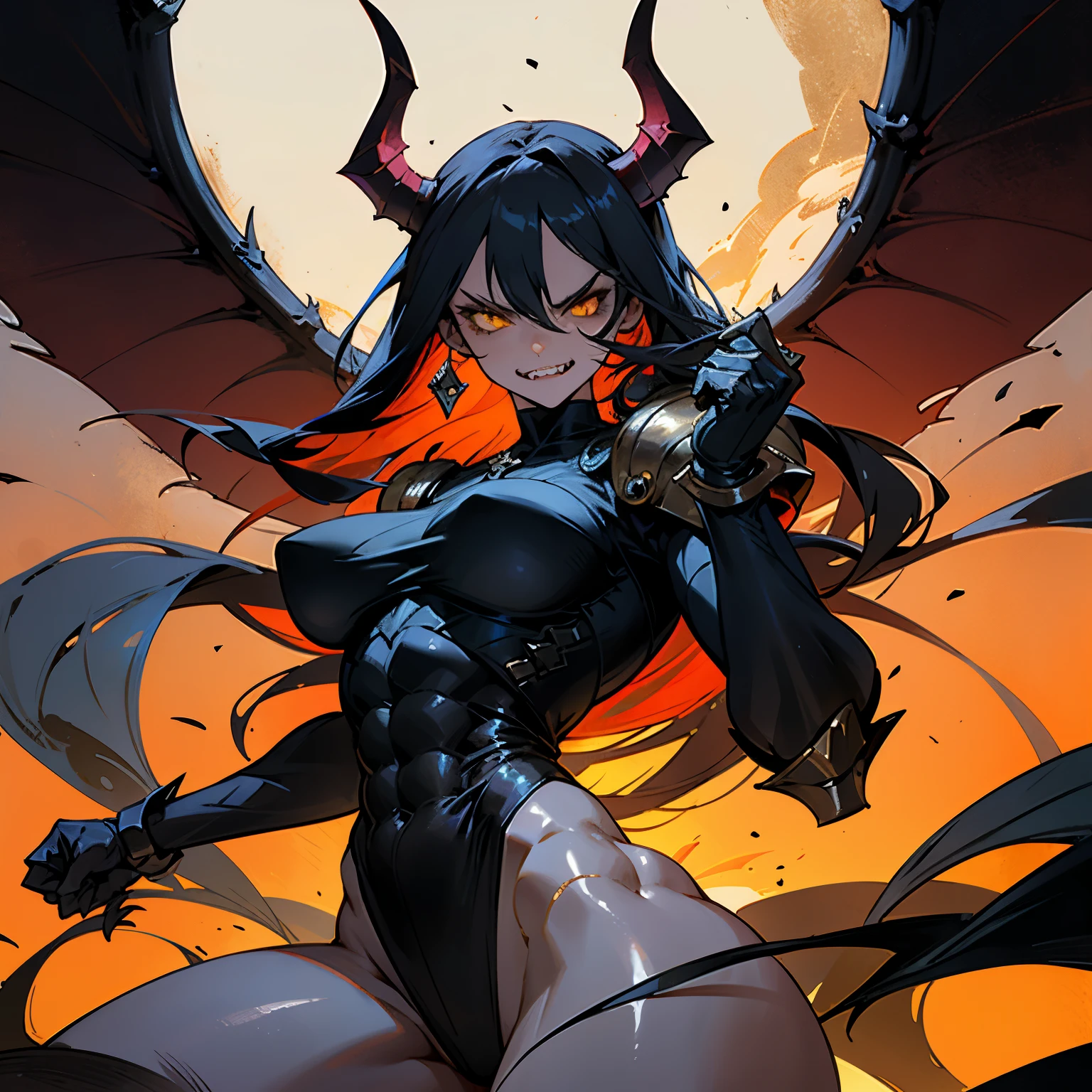 Demon woman, mature, very angry face, long fangs, diamond face, demon tail, wings demon, strong shadows, yellow light, detailed face, sparks, gargolyes background, hell, night, detailed abs, scars, shinying eyes, war pose, long claws, (masterpiece), direct light, underlight, strong jaw, golden sky, large boobs, Demonic queen, gothic, massive ass, thick thighs, long torso, wide waist, skinny torso, fit, perfect face, armor,