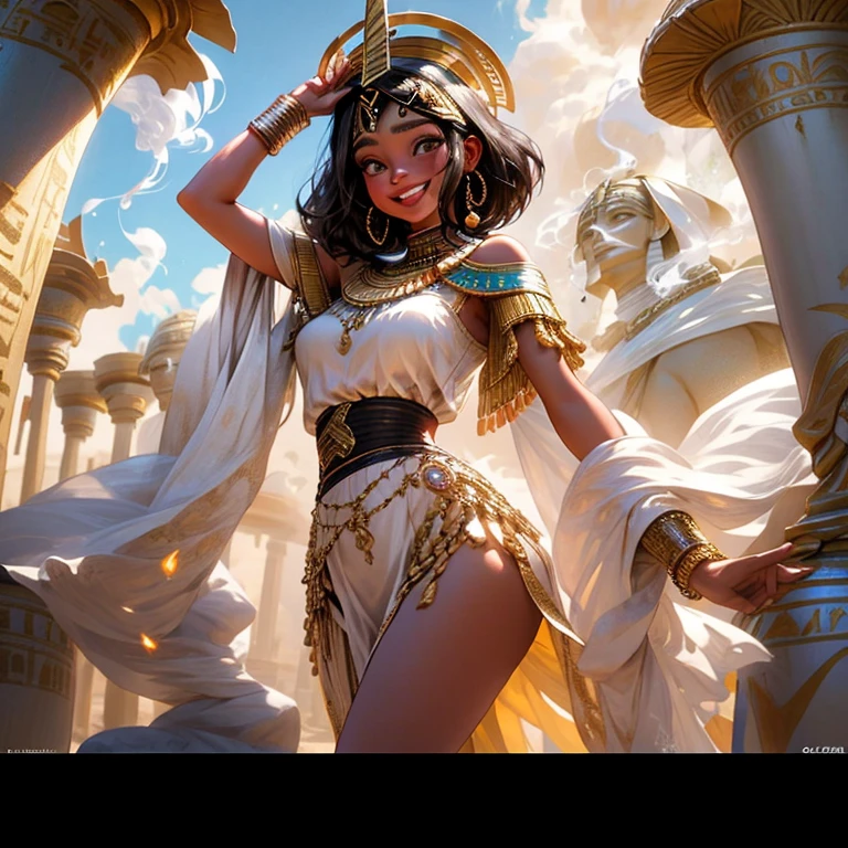 Egyptian girl, pele negra, Egyptian hair, Cleopatra hair, short hair, cabelos pretos, Golden diadem on the head, wearing white Egyptian clothes, roupas empretress, Golden Palace, smoke in golden vases, smoke coming out of control, corpo tatuado,, , Smiling in an oasis, 4k